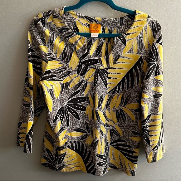 Ruby Rd. Tops - Ruby Rd Yellow Black Leaves 3/4 Sleeves Knit Top Size L Large